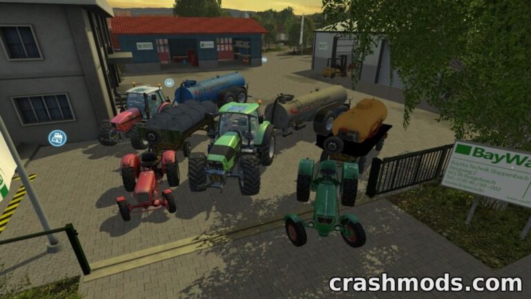A variety of tankers and tractors are parked outside a farm building in Farming Simulator 15, showcasing the Wolpertinger Tanker Pack.