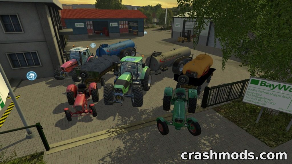 A variety of tankers and tractors are parked outside a farm building in Farming Simulator 15, showcasing the Wolpertinger Tanker Pack.