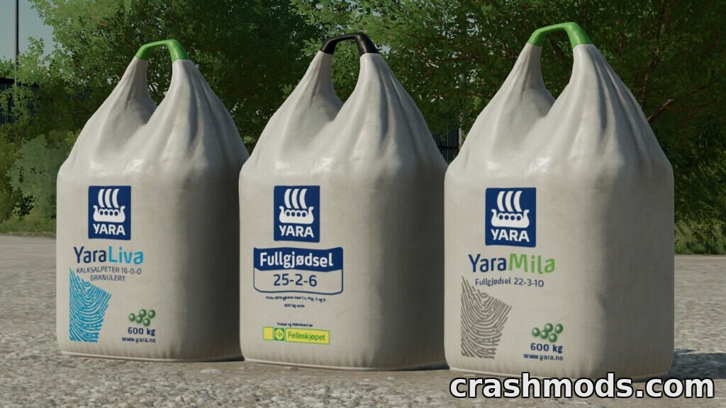 Three large fertilizer bags labeled "YaraLiva," "Fullgjødsel 25-2-6," and "YaraMila" for Farming Simulator 22.