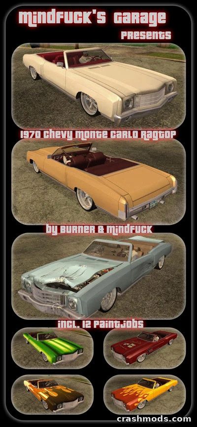 Showcasing the 1970 Chevrolet Monte Carlo Ragtop mod for GTA San Andreas, featuring various paint jobs and angles.