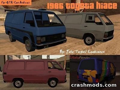 Showcasing the 1986 Toyota Hiace mod for GTA San Andreas, featuring three distinct color variations of the classic van.