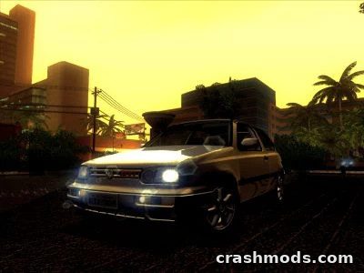 A modified 1994 VW Golf MK3 GTI parked under a sunset, showcasing its sleek design in GTA San Andreas.