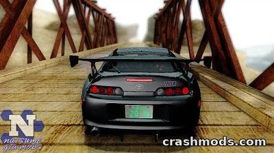 A sleek 1998 Toyota Supra RZ drifts on a wooden bridge in GTA San Andreas, showcasing its realistic design.