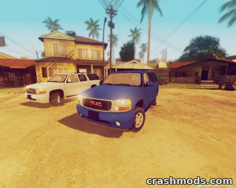 A blue 2003 GMC Yukon XL Denali parked in a sunlit neighborhood, showcasing realistic SUV details alongside a white SUV.