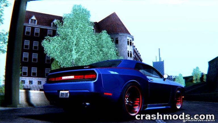 The 2010 Dodge Challenger SRT8 Rampage Jackson Edition showcases a sleek blue design parked in a vibrant urban setting.