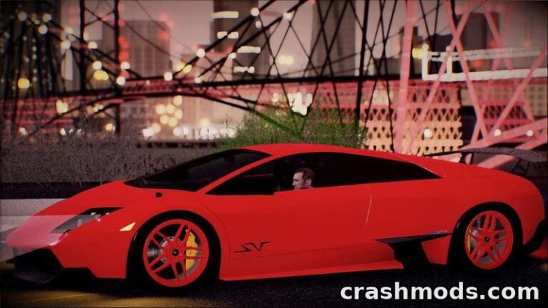 A vibrant red Lamborghini Murcielago LP670-4 SV parked in a cityscape, showcasing its sleek design and realistic details.