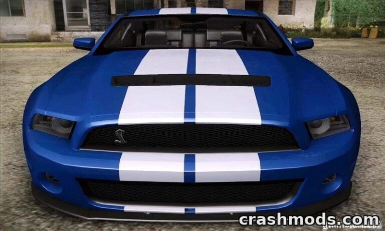 Realistic 2012 Ford Shelby GT mod for GTA San Andreas, showcasing a sleek blue car with white racing stripes.