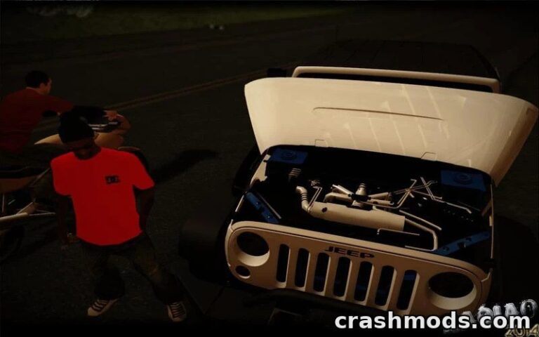 The 2012 Jeep Wrangler Rubicon Jakarta Edition showcases detailed engine work while a player character stands nearby.