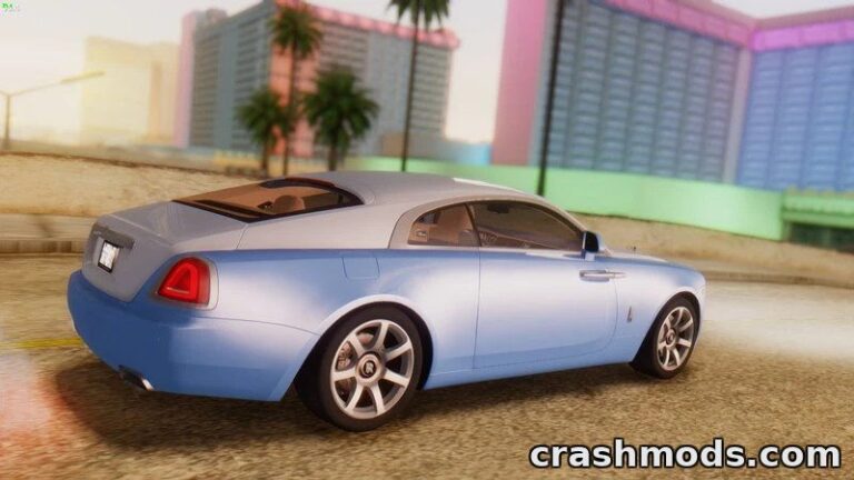 A sleek blue 2014 Rolls Royce Wraith Coupe is parked on a sunlit street in GTA San Andreas, showcasing luxury design.