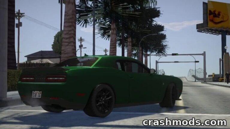A green 2015 Dodge Challenger SRT Hellcat drives down a sunny street in GTA San Andreas, showcasing its sleek design.