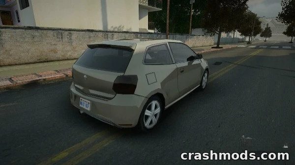 A lowpoly 2015 Volkswagen Polo GTI drives down a street in GTA San Andreas, showcasing its sleek design.