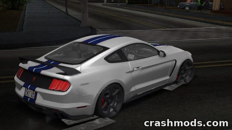 The 2016 Ford Mustang Shelby GT350R showcases realistic performance details in GTA San Andreas, parked on a city street.