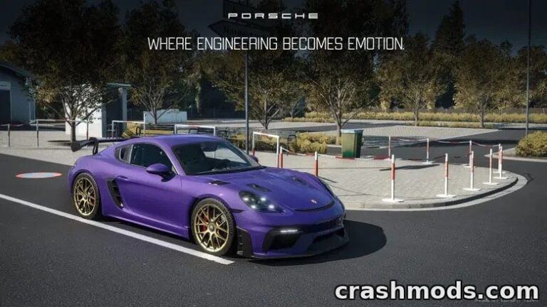 A vibrant purple Porsche Cayman 718/GT4RS parked on a scenic track, showcasing its sleek design and performance features.