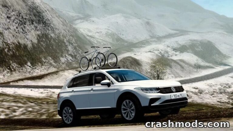 A white 2021 Volkswagen Tiguan R with bicycles on the roof drives along a snowy mountain road in City Car Driving.