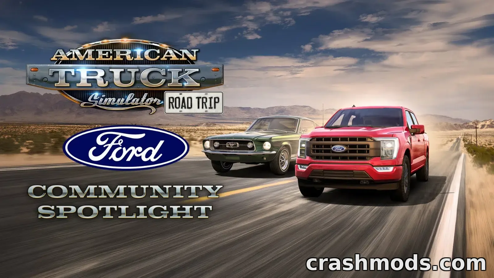 A Ford Mustang driving on an open American highway in American Truck Simulator