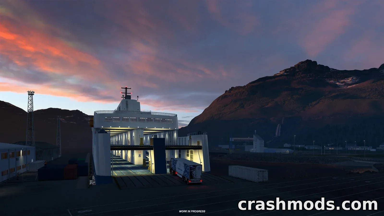 A truck boarding a ferry bound for Iceland in Euro Truck Simulator 2, with clear blue water visible below the surface