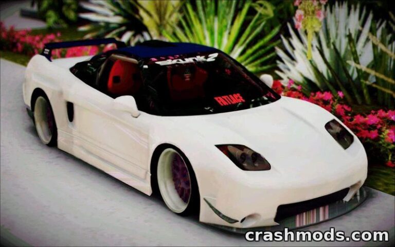 A sleek white Acura NSX sports car parked on a vibrant floral backdrop in GTA San Andreas mod.