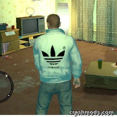 Player character wearing an Adidas leather outfit in a retro living room setting in GTA San Andreas.