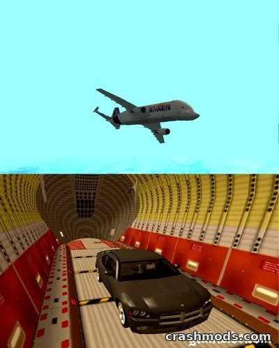 Detailed Airbus A300-600ST Beluga flying above, showcasing its interior with a parked car inside.