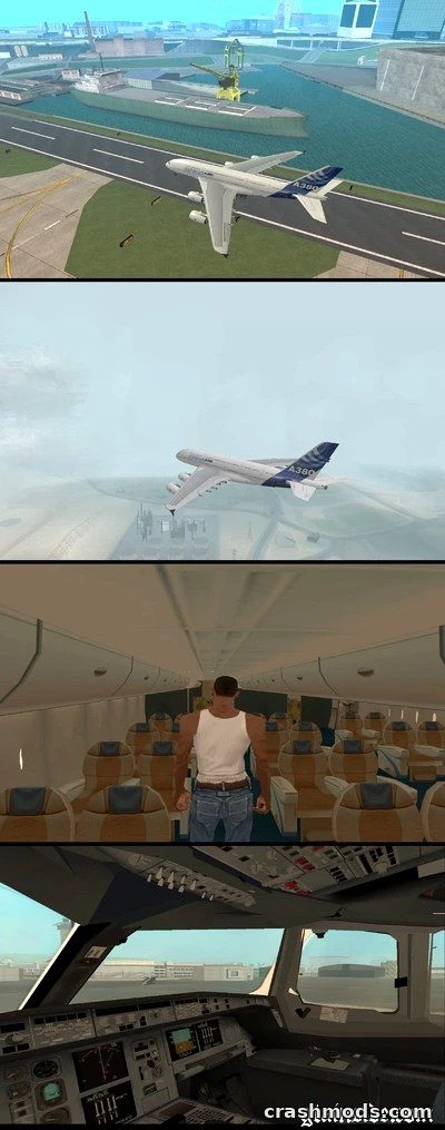 Detailed Airbus A380-800 jet flying over a cityscape, with interior views showcasing passenger seating and cockpit.