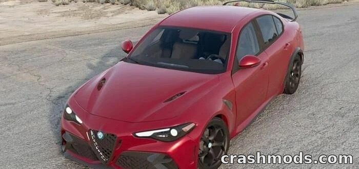 Red Alfa Romeo Giulia sports car showcased in a realistic desert environment, highlighting its sleek design and performance.