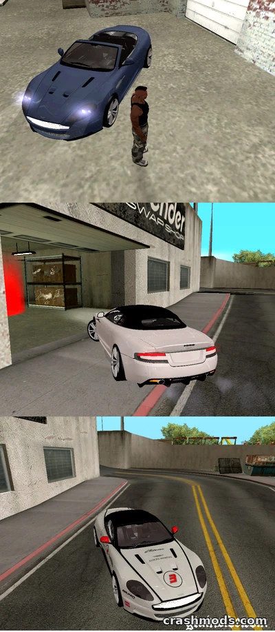 A player character stands next to a blue Aston Martin DBS Volante, showcasing its realistic design in GTA San Andreas. The car is parked in various locations, highlighting its convertible features.