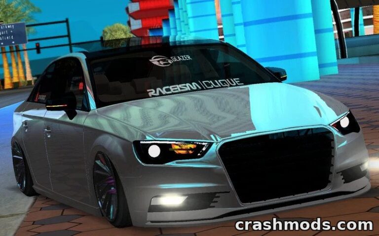 Realistic Audi A3 Sedan mod for GTA San Andreas, showcasing sleek design and vibrant urban backdrop.