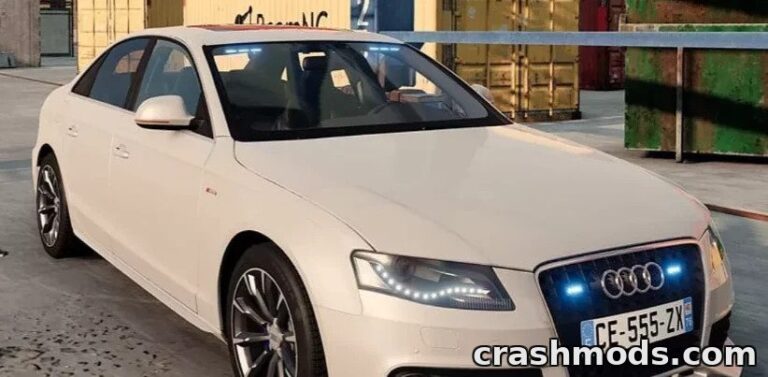 Audi A4 S4 B8 Pre-FL mod showcases a detailed white sedan with illuminated headlights in an industrial setting.