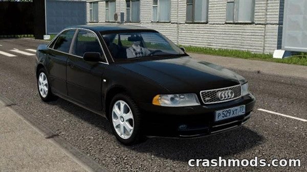 Audi S4 mod showcases a sleek black sports sedan parked on a city street in City Car Driving.