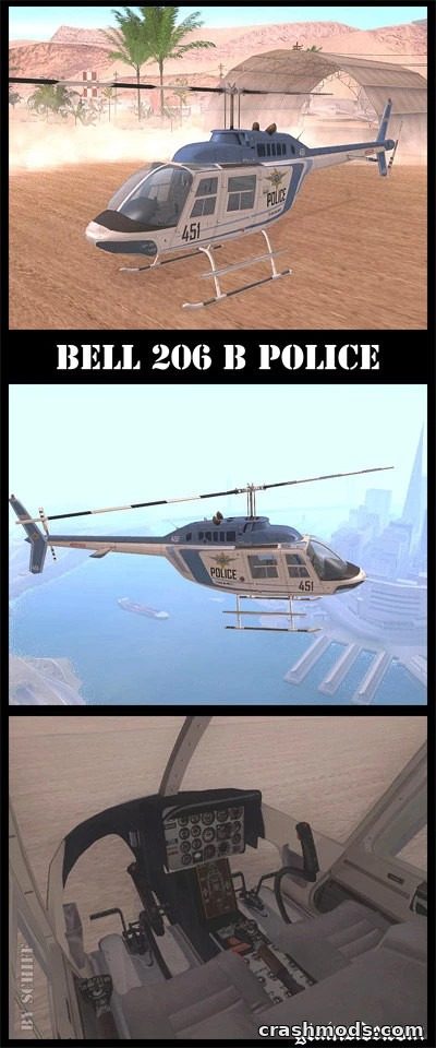 Detailed Bell 206 B Police helicopter showcased in GTA San Andreas, featuring exterior and cockpit views.