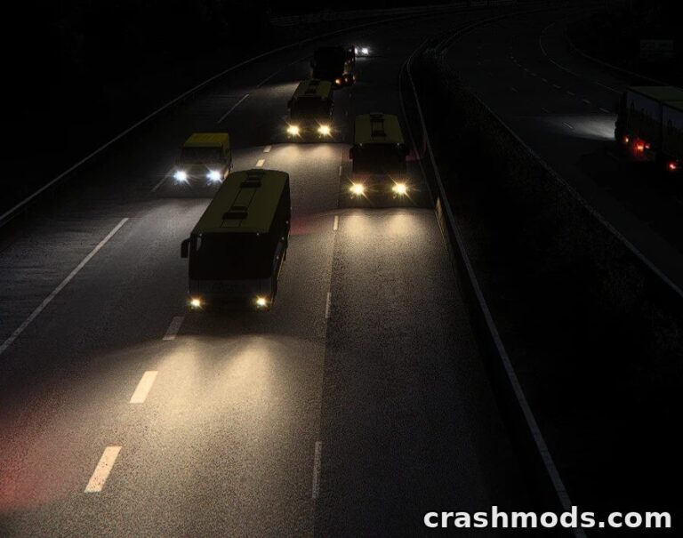 Buses illuminated by enhanced lighting effects drive along a dark highway in Euro Truck Simulator 2.
