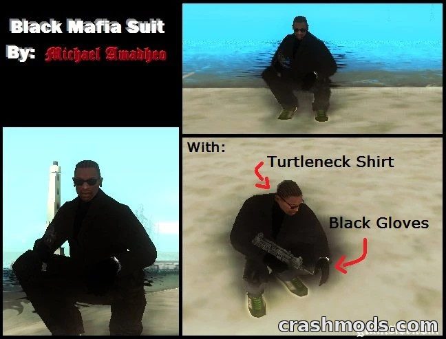 Stylish character in a black mafia suit with gloves, crouching by the water in GTA San Andreas.