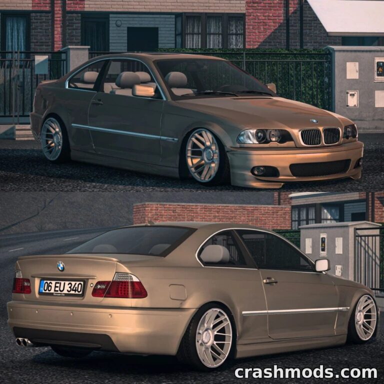 Realistic BMW 3 Series E46 mod for ATS showcases detailed exterior and sleek design in an urban setting.