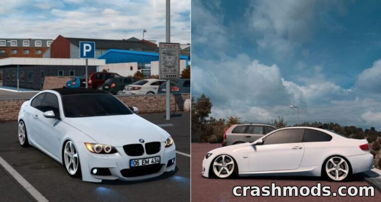 Two sleek BMW 3 Series E92 M-Tech cars parked in realistic settings, showcasing the mod's detailed graphics and design.
