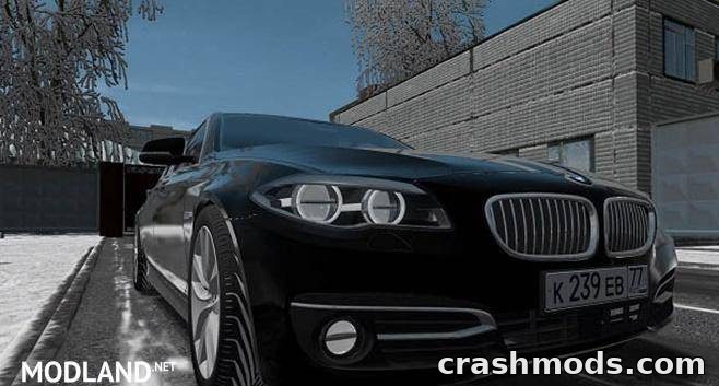 Sleek black BMW 530D F10 parked in a snowy urban setting, showcasing realistic driving mod details.