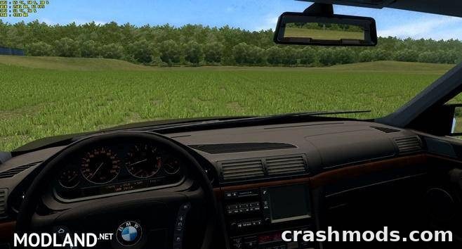 Interior view of a BMW 750L E38 mod, showcasing the dashboard and lush green landscape outside in City Car Driving.