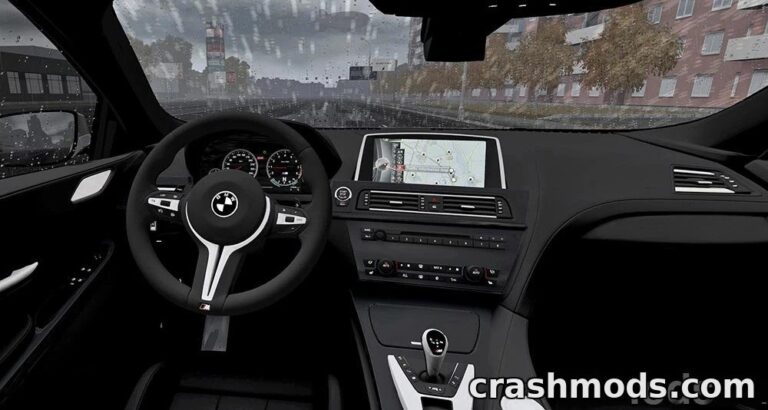 Detailed interior view of the BMW Gran Coupe M6 F06, showcasing a sleek dashboard and navigation system in rainy conditions.