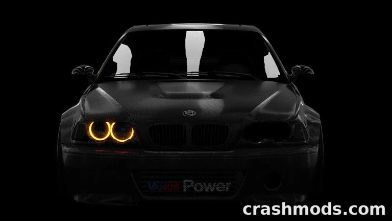 The BMW M3 E46 TwinTurbo features a sleek carbon fiber body with illuminated headlights, showcasing high-performance design.