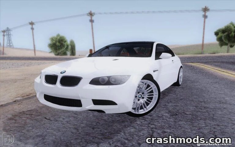 Realistic BMW M3 E92 sports car mod showcased on a scenic road in GTA San Andreas. Sleek design and vibrant detail.