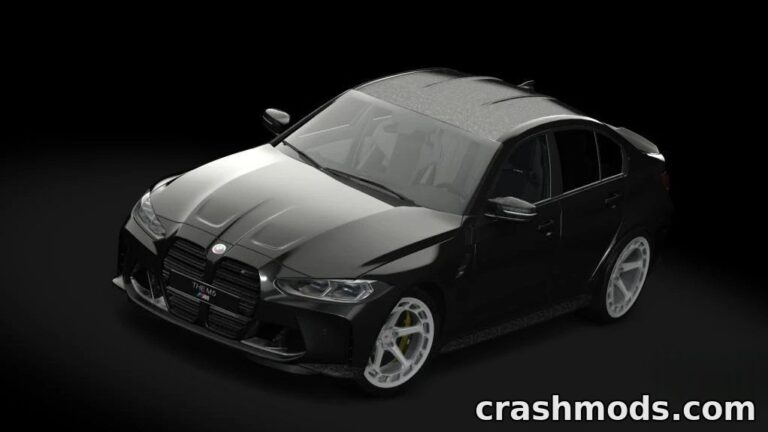 High-performance BMW M3 G80 Competition in sleek black, showcasing detailed design and custom modifications for Assetto Corsa.