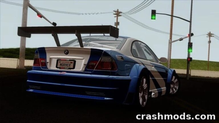 Detailed BMW M3 GTR E46 mod for GTA San Andreas, showcasing a sleek rear view with a prominent spoiler.