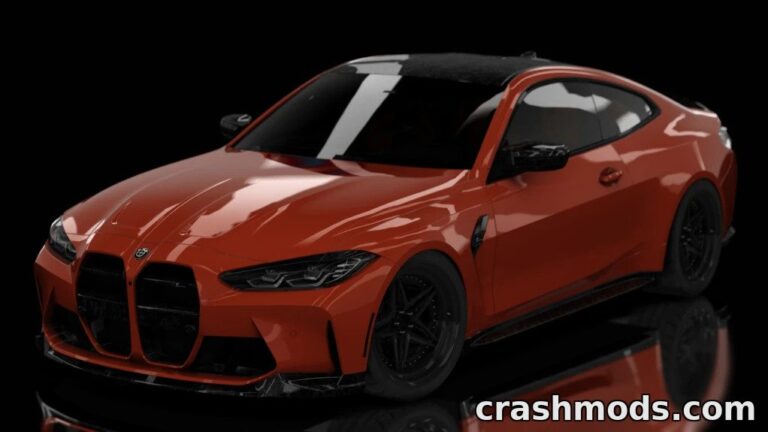 High-performance BMW M4 Competition G82 in vibrant orange, showcasing sleek design and detailed modifications for Assetto Corsa.