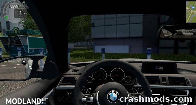 Interior view of a BMW M4 F82 in City Car Driving, showcasing the detailed dashboard and realistic driving environment.