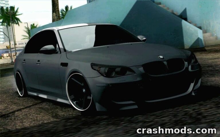 A sleek, stanced BMW M5 E60 showcases detailed custom modifications in a vibrant GTA San Andreas setting.