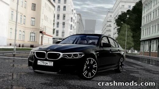 A sleek black BMW M5 F90 2019 parked on a rainy city street, showcasing its realistic design and performance.