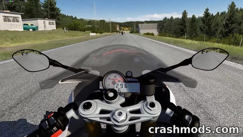 First-person view of a BMW S1000 RR motorcycle dashboard, showcasing speed and racing dynamics in Assetto Corsa.