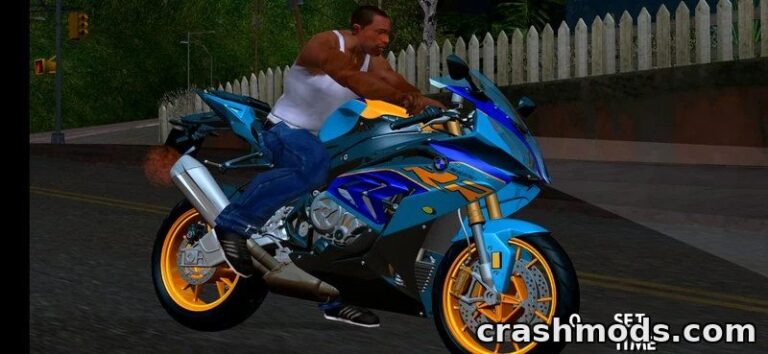 A player character rides a detailed BMW S1000RR motorcycle in GTA San Andreas, showcasing vibrant colors and design.