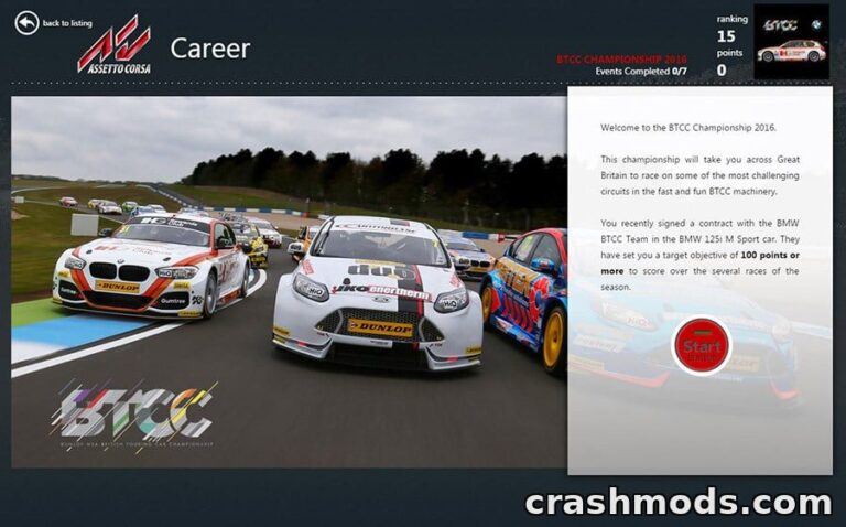 Screenshot showcasing the BTCC Championship 2016 mod for Assetto Corsa, featuring competitive touring cars on a racetrack.