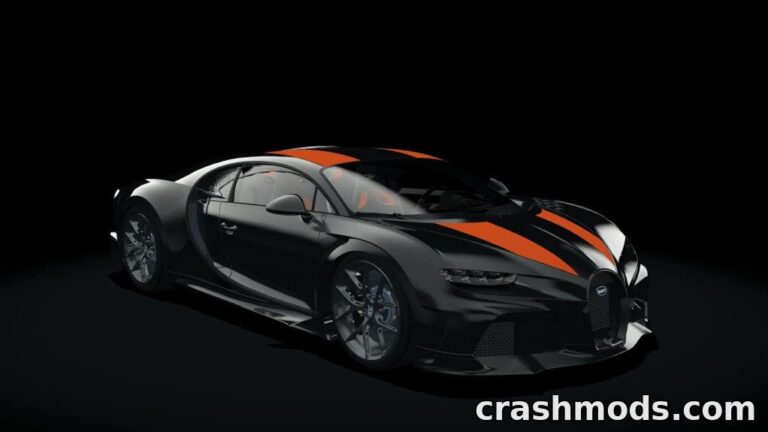 The Bugatti Chiron Super Sport 300+ showcases sleek design and vibrant orange accents in a dark setting.