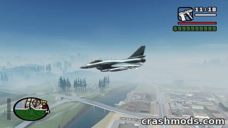 A detailed Chengdu J-10 fighter jet soars above a foggy landscape in GTA San Andreas, showcasing its sleek design.